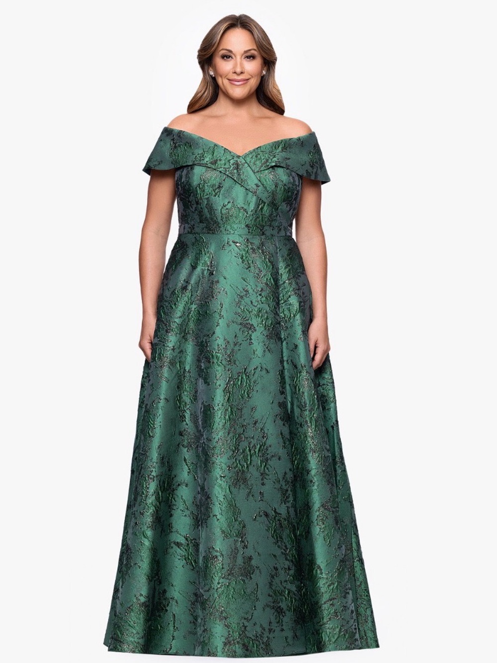 Xscape Metallic Brocade Off-the-Shoulder Deep Green Evening Gown